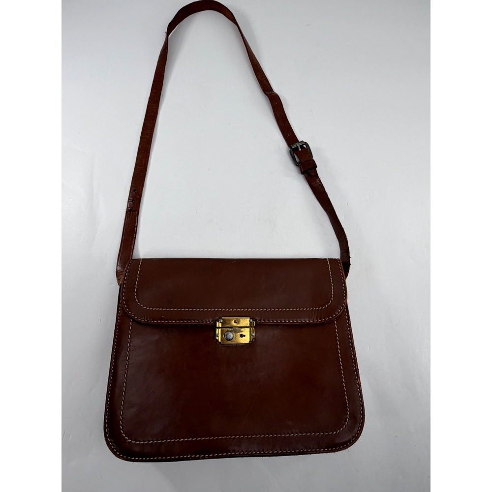 Vintage Brown Leather Crossbody Satchel Bag Contrast Stitch Brass Hardware